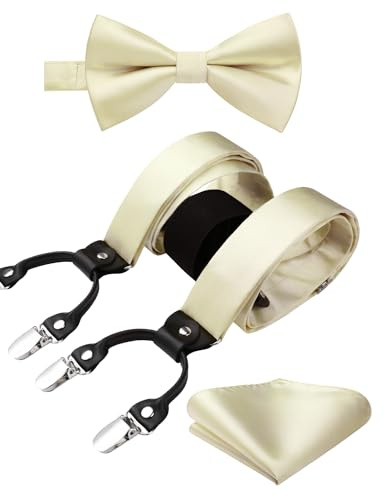 HISDERN Champagne Bow Tie & Suspenders for Men Light Gold Suspender Bowties Pocket Square Set Adjustable Y Shape 6 Strong Clips Braces Formal Wedding