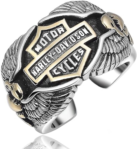 Zoegneer Offener verstellbarer Ring im Vintage-Stil aus Sterlingsilber im Biker-Stil für Herren, Custom Harley-Davidson vergoldeter Siegel-Finger-Band-Ring-Schmuck