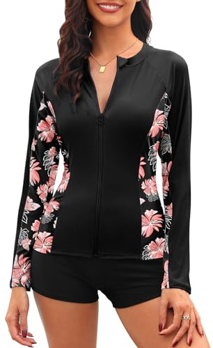 Tuopuda Rash Guard skjorta damer långärmad med dragkedja UPF 50+ UV skyddströja simning skjorta solskydd långärmade tröjor Rashguards sportskjorta yoga träning gym surftröja, Black-B, S