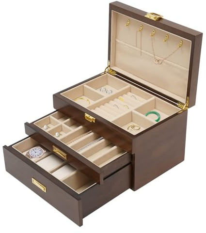 soudesileim Schmuckkasten mit 3 Ebenen, 28 * 19 * 18cm Schmuckkästchen Damen, Schmuckbox holz mit Halskettenhaken, für Schmuck, Halsketten, Ringe, Geschenk (Schwarzer Nussbaum)