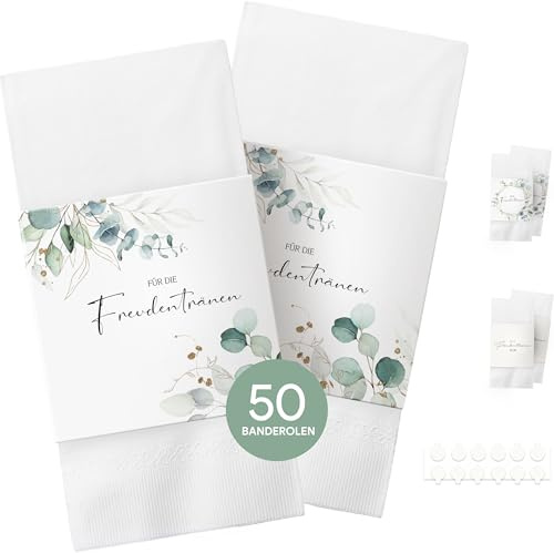 50x Freudentränen Taschentücher Banderole, Banderolen als Deko für Gäste-Taschentücher, Taschentücher Hochzeit Freudentränen, inkl. Klebepunkte zum verschließen (Taschentücher nicht enthalten)