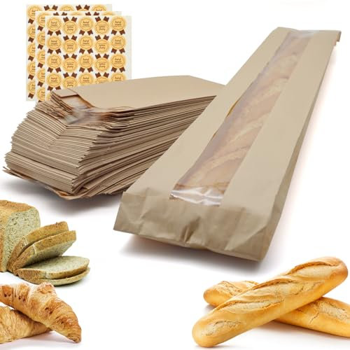 Yenmoz Paquete de 65 bolsas de papel para pan con calcomanías, bolsas largas de pan francés, bolsas de papel kraft con ventana transparente para pan casero y almacenamiento de alimentos horneados