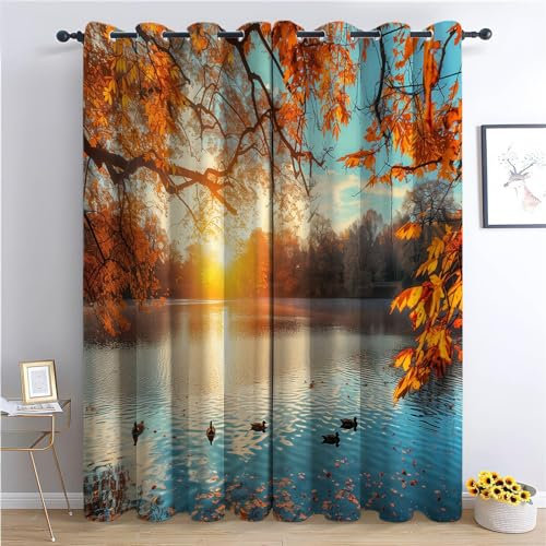 CozyRest Vorhang Blickdicht Thermovorhang Goldener Sonnenuntergang Herbstlaub Muster Gardinen Wohnzimmer Vorhänge Geräuschreduzierung Dekoration für Schlafzimmer Wohnzimmer Fenster 214 x 91.5 cm