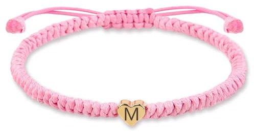 Rosa Initial A-Z Armband mit Buchstaben Herz, Partnerarmband Geflochtenes Band verstellbarer Kette Seilarmband, Paar Geschenk für Frauen (M)