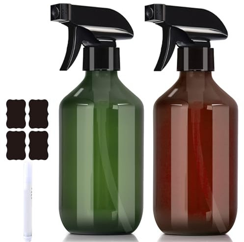 QinfanVi 500ml Empty Spray Bottles,2PCS Drop-Resistant Mist Spray Bottle With Adjustable And Lockable Trigger,Water Bottle Spray for Hair, Gardening and Essential Oils (Green and Amber)