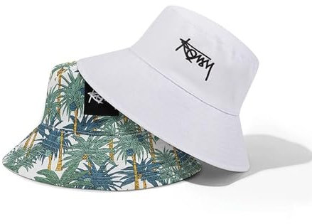 BSITSSS Beideseitig Fischerhut Herren Damen, Faltbar Bucket Hat, Stickerei Fischerhüte, Modisch Große Anglerhut, Kokosnussbaum Druck Angler Hut, Fischer Hut Sonnenschutz im Sommer Outdoor