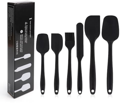 High Heat-Resistant Silicone Spatula Set, BPA-Free Kitchen Utensils, Strong Stainless Steel Core, Non-Stick & Dishwasher Safe, Perfect for Cooking and Baking, Set of 6 (Black)