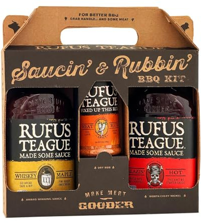 Rufus Teague Coffret Saucin’ and Rubbin’ – Whiskey Maple, Blazin’ Hot & Meat Rub – Coffret cadeau homme, set BBQ fête des pères & barbecue épicé
