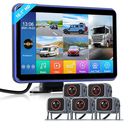 Telecamera Retromarcia 10,1 Pollici IPS Monitor 5 Telecamere, HD 1080P Registrazione Colore Visione Notturna Avviso angolo cieco Impermeabile IP68 con 5M/10M/15M cavo per Camion/Camper/Furgone
