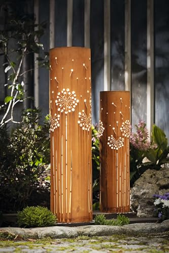 FRANK FLECHTWAREN LED-Solarsäule Pusteblume, 2er Set, Metall, Rostfinish, warmweiße LED, Solarpanel Maße: Ø 15 x 60 cm, Ø 19 x 80 cm, nur für den Außenbereich geeignet