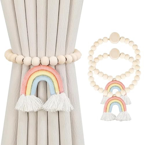 Hshenjhu c, Arcobaleno Ferma Tende con Calamita, Ferma Tende Perline di Legno con Nappa, per Tende, Fermatenda per la Casa, L'ufficio, le Finestre Dell'hotel