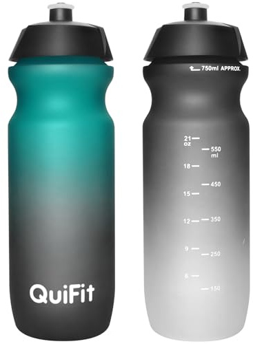 QuiFit Fahrrad Frinkflasche Auslaufsicher, Trinkflasche 750ml, Langlebige Rennrad Flasche, Squezze Sportflasche BPA frei 2er Pack mit Kapazitätsskala(Green Black+Black White(2pcs), 750ml)