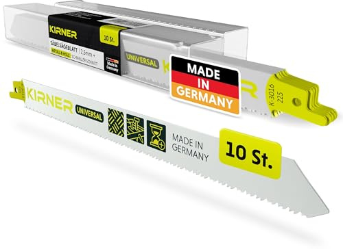 KIRNER Sabelsågsblad metall och trä 225 mm [enkelt snitt i trä och metall och rostfritt stål] 10-pack universella sågblad metall, reciprosågblad universalhållare från 2,5 mm skärdjup