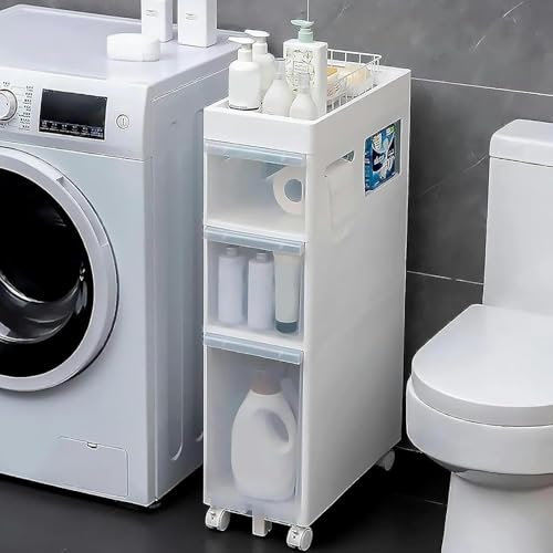 MEWVABKW Lagerschrank stapelbare Lagerschubladen Badezimmer-Lagerschrank Schmaler freistehender Toilettenpapier-Lagerschrank, 2/3/4 durchsichtige Schubladen und Rollen Schmaler Lagerschrank Wasserdic