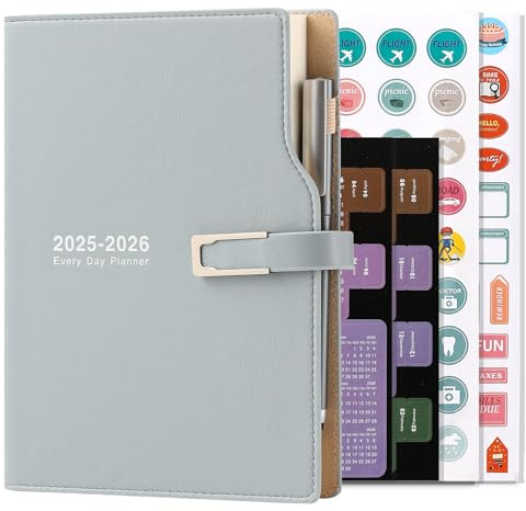 Akademischer Terminkalender 2025–2026, A5, ein Tag pro Seite, von Juli 2025 bis Juni 2026, Terminplaner, Organizer mit Kalenderaufklebern, Agenda, Planer mit Stifthalter und Stift, hochwertiges,