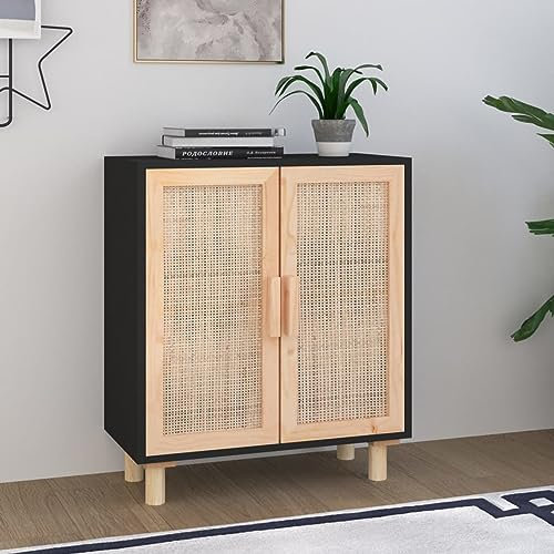 Fasba Sideboard 2 Fächern Kommode Anrichte Schrank Mehrzweckschrank Beistellschrank Standschrank Schwarz 60x30x70cm Massivholz Kiefer und Natur-Rattan/ 345631