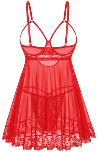 Avidlove Sexy Lace Babydoll Dress Lingerie for Women Sheer Mesh Chemise Sleepwear Exotic Boudoir Outfits Red XX-Large