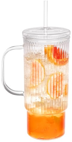 Consou 1000 ml Gläser Mit Deckel und Strohhalm, Glasdeckel und Plastikstrohhalm, Glasbecher, Eiskaffeebecher für Heiß- und Kaltgetränke Fruchtsaft, Soda Wasser, BubbleTee