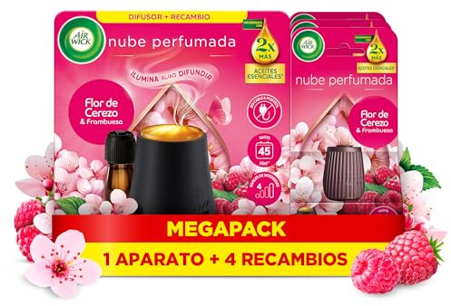 Air Wick Essential Mist - Recambio de Ambientador Difusor de Aceites Esenciales con Aroma a Flor de Cerezo & Frambuesa, 1 Aparato + 4 Recambios (4x20ml)
