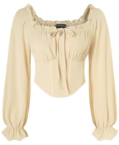 SCARLET DARKNESS Women Pirate Shirt Smocked Waist Crop Tops Long Lantern Sleeve Corset Vintage Victorian Blouse Apricot M