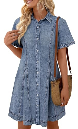LILLUSORY Women‘s Denim Dress - Knee Length Button Down Casual Short Sleeves Jean Dress Blue L