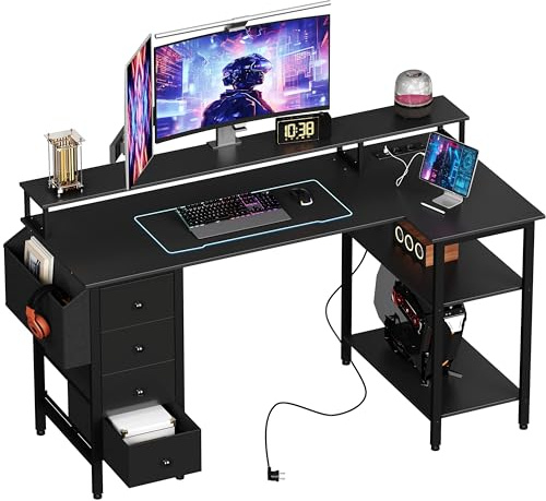 Abician Bureau Gaming avec 4 Tiroirs, 140x68cm Bureau en L avec Prise de Charge USB et Prise de Courant, Table Informatique Réversible avec Support d'écran pour Chambre Domicile Maison, Noir