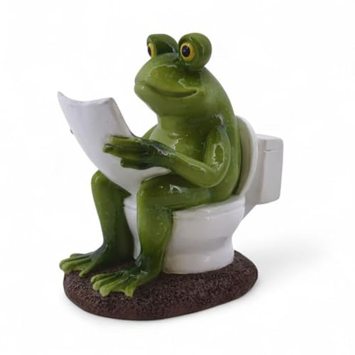 ReWu Dekofigur Frosch auf Toilette mit Zeitung – witzige Badezimmer Deko aus Polyresin, lustige Tierfigur für WC/Gäste-WC, Geschenkidee, 12,5 cm