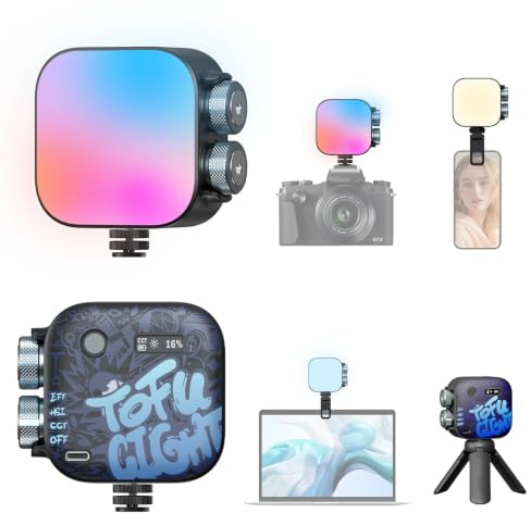 Photoolex Tofu Magnetische RGB Videoleuchte, Tragbare LED Kamera Licht | Mini Panel Fotolicht, CRI96+, 2500-9900K, 2000mAh Akku, 1/4 Gewinde, 21 Effekte für Vlogging, Fotografie, Streaming, Schwarz