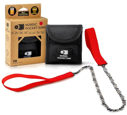 Nordic Pocket Saw for Camping - 65 cm Pocket Chainsaw with 33 Bi-Directional Teeth - Handy Backpacking Saw with Extra Large Nylon Handle Loops - Survival Chainsaw for Clearing Trails