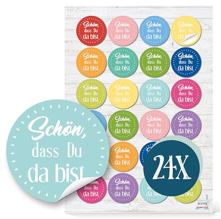 Spruchaufkleber, 24er Set: Runde Sticker mit Sprüchen, Aufkleber Rund, Spruch Schön Dass Du Da Bist, Geschenkaufkleber Sprüche, Zum Aufkleben, Erwachsene & Kinder, Geschenk Freundschaft, Klein, ⌀ 4 cm
