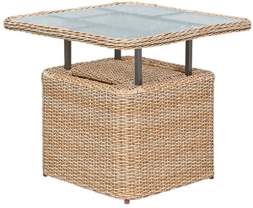 gartenmoebel-einkauf Loungetisch Veneto 72x72cm, Stahl + Polyrattan Natur, höhenverstellbar, Tischplatte Glas