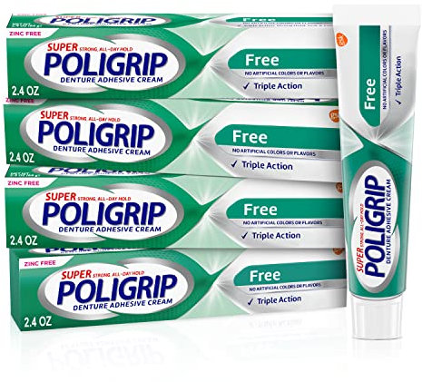 Super Poligrip Zinc Free Denture and Partials Adhesive Cream, 2.4 ounce (Pack of 4)