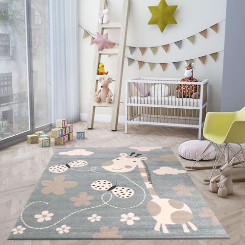 VIMODA Giraffe Schnetterling Teppich Kinderzimmer in Mint Blau Super Flauschig 160x230 cm
