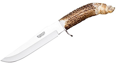Joker Jagdmesser CT34 Jabato mit handgeschnitztem Hirschhorngriff, Bergsteigermesser mit 17 cm Klinge aus MOVA-Stahl, inkl. brauner Lederscheide, Werkzeug zum Angeln, Jagen, Camping und Wandern
