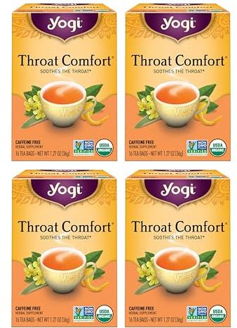 Yogi Tea Throat Comfort - 16 Bags per Pack (4 Packs) - Herbal Tea for Throats - Organic Throat Soothing - Includes Licorice Root, Wild Cherry Bark, Slippery Elm Bark & More