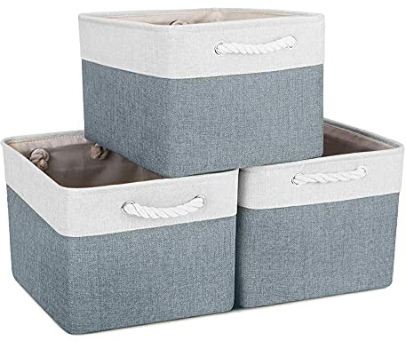 Mangata 3 Stück aufbewahrungskorb Stoff, Faltbare aufbewahrungsbox Schrank, Korb aufbewahrung Stoff mit Baumwolle Seil für Spielzeug, kleiderschrank, Regale, Kleidung (kaltes graues Weiß, groß)