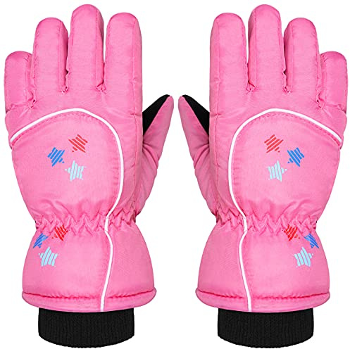 Boao Kids Snow Ski Gloves Winter Waterproof Warm Snowboard Mittens for Girl and Boy(Pink,5-10 Years,Star)
