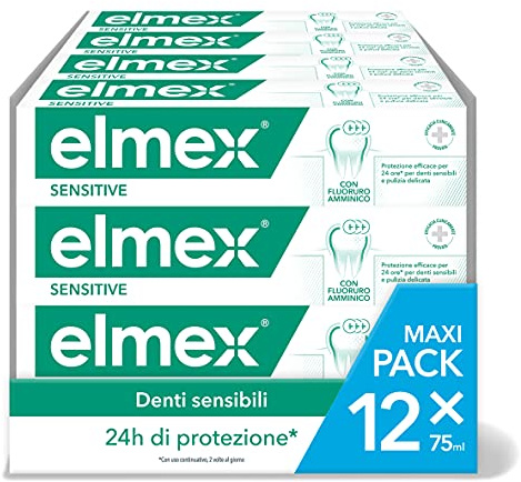 Elmex Sensitive Zahnpasta, Behandlung für empfindliche Zähne, Entlastung und effektiver Schutz vor Zahnempfindlichkeit, mit Aminofluorid, 12 x 75 ml