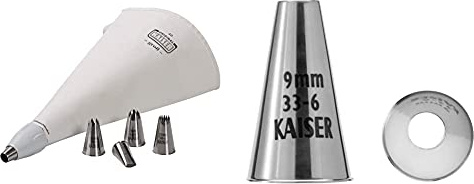 Kaiser La Forme Plus Spritzbeutel Set 7-teilig, wiederverwendbarer Spritzbeutel groß mit Tüllen, Adapter, 5 Spritztüllen, Kochfest & 9 mm, Spritztülle, Edelstahl rostfrei, falz- und randfrei