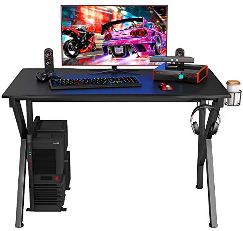 COSTWAY Gaming Tisch 115 cm, K-förmiger Gamingtisch mit Kopfhörerhaken & Tassenhalter & Kabelmanagement, ergonomischer Computertisch mit verstellbaren Füßen, Schreibtisch PC Tisch für E-Sport, Stahl