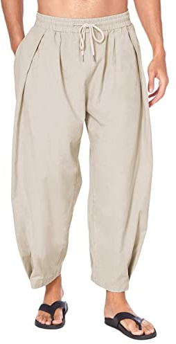 FEOYA Pantalons Homme Été Lin Coton Pantalons Harem Décontracté avec Cordon de Serrage Pantalon de Loisir Yoga Plage Abricot M