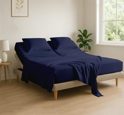 Cottingon 4 Piece Flex Head King Sheet Set, Top 34 Inch Split Sheets for Sleep Number Adjustable Beds, Soft Breathable 100% Egyptian Cotton, Fits Upto 16 Deep Mattress 78X80+ 34, Navy Blue