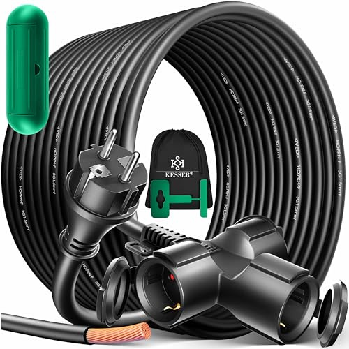 KESSER® Verlängerungskabel 25m Mehrfachstecker mit 3 x Schuko Stecker mit Schutzkappe - Outdoor - für Innenbereich Außenbereich - Verlängerung Verteilerkabel – 230 V IP44 - Baustellenkabel Stromkabel