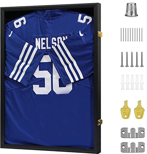 VERANI Trikot-Rahmen-Vitrine – Fußballtrikot Shadow Box – Jersey-Display-Rahmen mit 98% UV-Schutz, Acryl und Metall-Aufhänger für Baseball, Basketball, Fußball, Hockey, Sportshirt und Uniform, Schwarz
