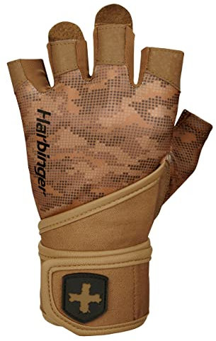 Harbinger Pro Wristwrap Handschuhe 2.0 für Gewichtheben, Training, Fitness und Fitnessstudio, mit Handgelenkstütze, Hellbraun / Camouflage, Größe M