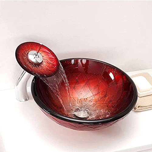 CGLYYDS Vasque Evier à Poser Bain, Lavabo De Salle De Bain en Verre Trempé Rouge, Lavabo Au-Dessus du Comptoir avec Drain Escamotable, pour Meuble De Toilette,A