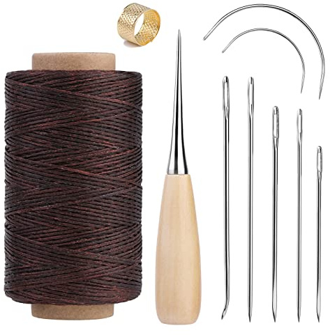 SUVSOON 273 Yards Leather Waxed Thread Kit, Brown Leather Stitching Kit | Leather Waxed Thread Sewing Kit, Upholstery Repair Waxed Thread Sewing Kit Including Stitching Needle Awl Thimble