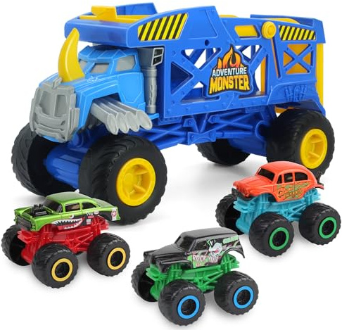 KARMOUNT Monster Trucks Mover Rhino Toy Car Hauler & 3 Mini Diecast Trucks | Car Carrier Toy | Blue Monster Truck Transporter | Transform Ramp Launch Track | Gift for Kids 3 Years & Up | 27.5 CM Long