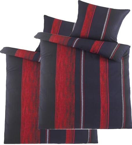 KH-Haushaltshandel 4-TLG. Seersucker Bettwäsche 2X 135x200 +80x80cm, rot schwarz, gestreift, bügelfrei (W415500)