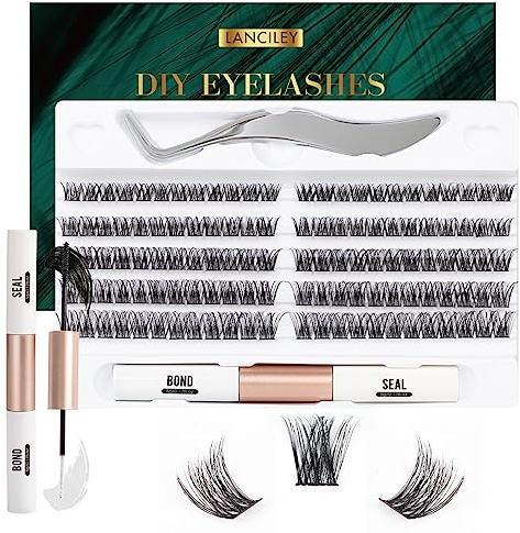 Lanciley Faux Cils Extension Cils 120 Grappes Faux Cils Individuel avec Colle Imperméable Lash Bond and Seal Pinzas 3D Réutilisables Cluster Lashes Fácil de Usar en Casa C D Curl 10-16mm - L01